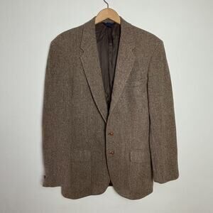Vintage 90s Wool Elbow Patch Tweed Blazer 42L Brown Academia Preppy Old Money